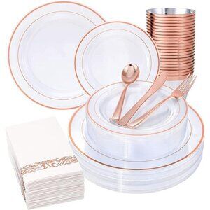 350 PCS Rose Gold Plates and Napkins Party Supplies-100 Rose Gold Plastic